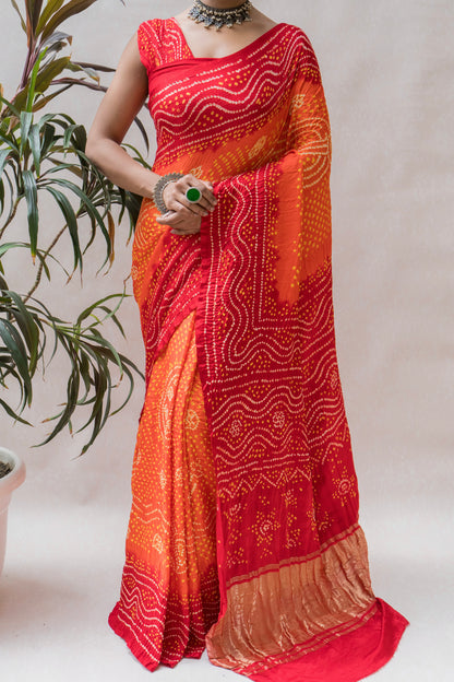 Gajji Orange-Red Chandrakhoni Bandhej Saree