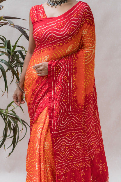 Gajji Orange-Red Chandrakhoni Bandhej Saree