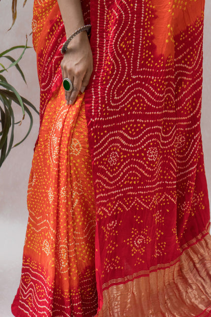 Gajji Orange-Red Chandrakhoni Bandhej Saree