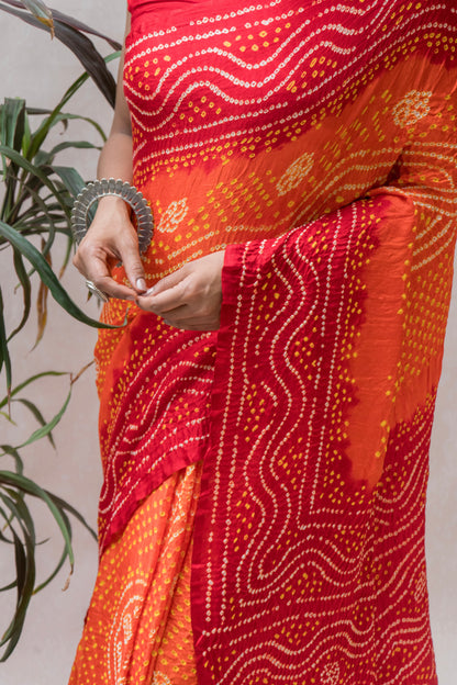 Gajji Orange-Red Chandrakhoni Bandhej Saree