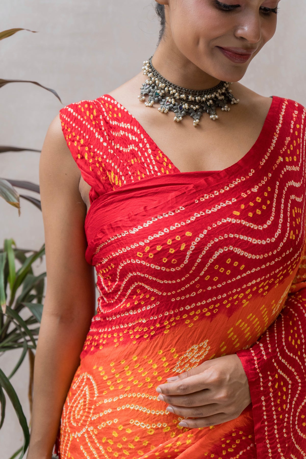 Gajji Orange-Red Chandrakhoni Bandhej Saree