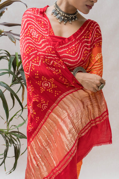 Gajji Orange-Red Chandrakhoni Bandhej Saree