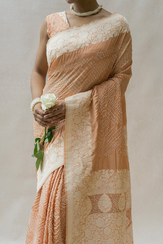 Katan Parsi Rai Dana Peach Bandhej Saree