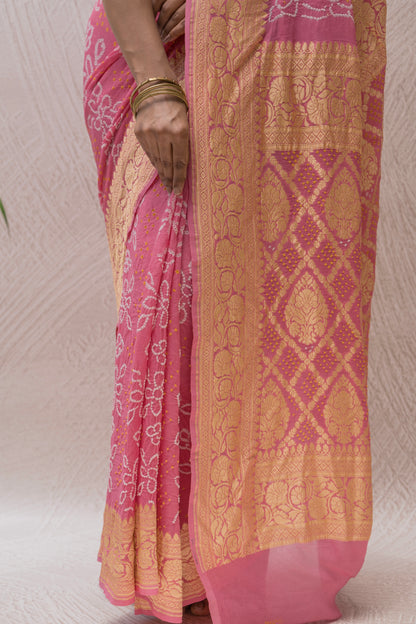 Georgette Rai Dana Pink Bandhej Saree
