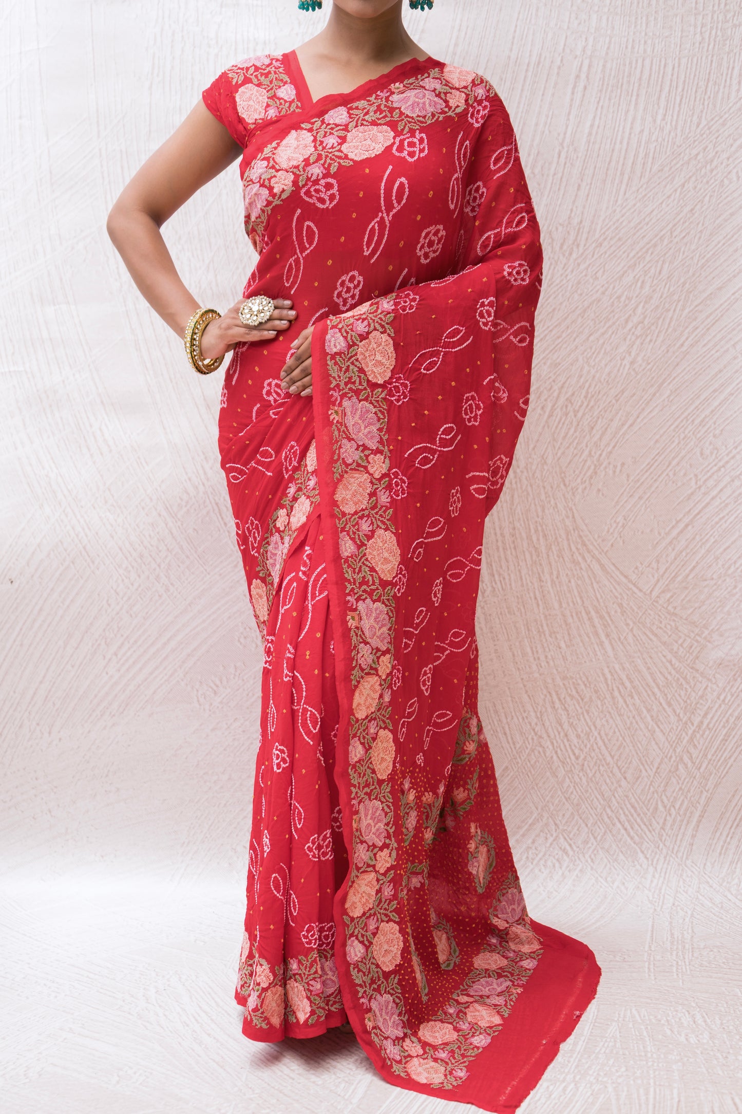 Georgette Embroidered Red Bandhej Saree