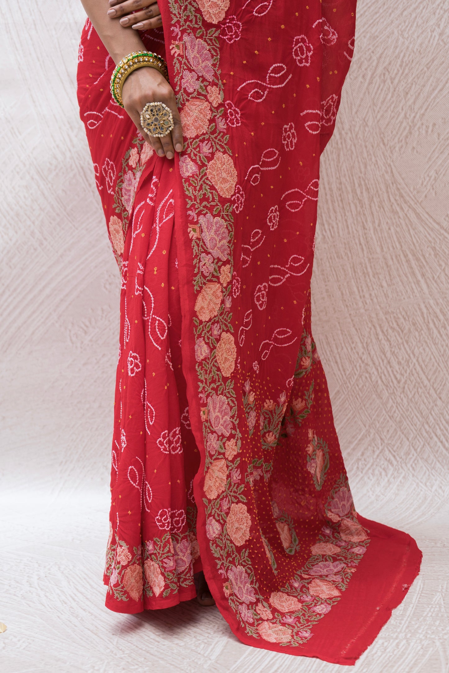 Georgette Embroidered Red Bandhej Saree
