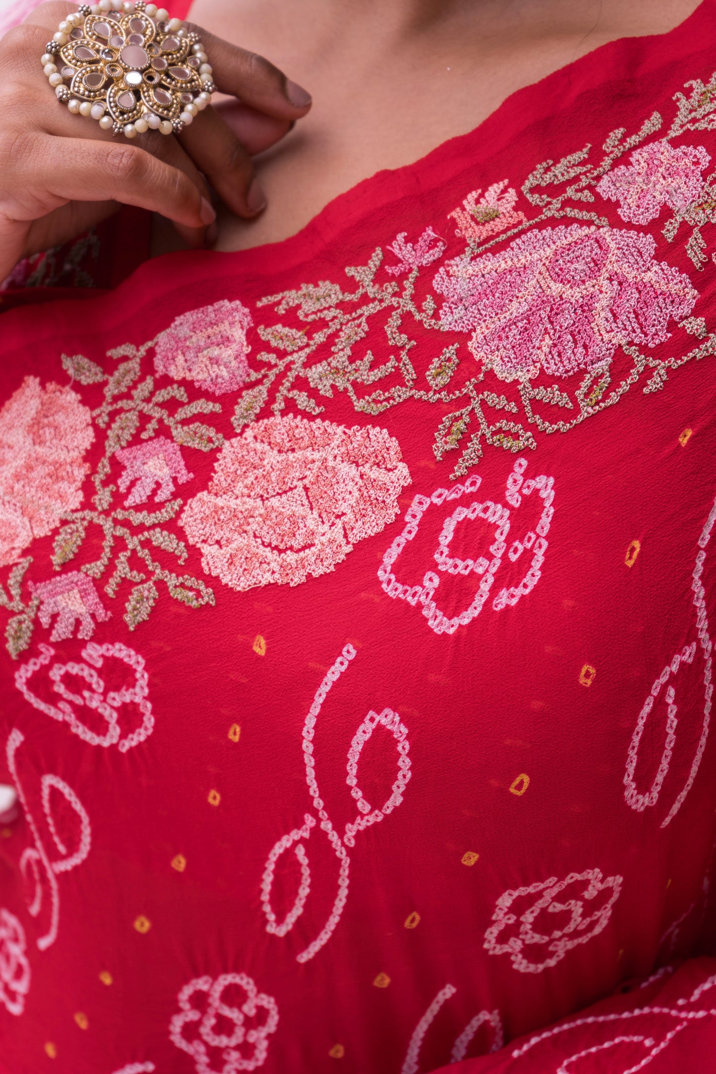 Georgette Embroidered Red Bandhej Saree