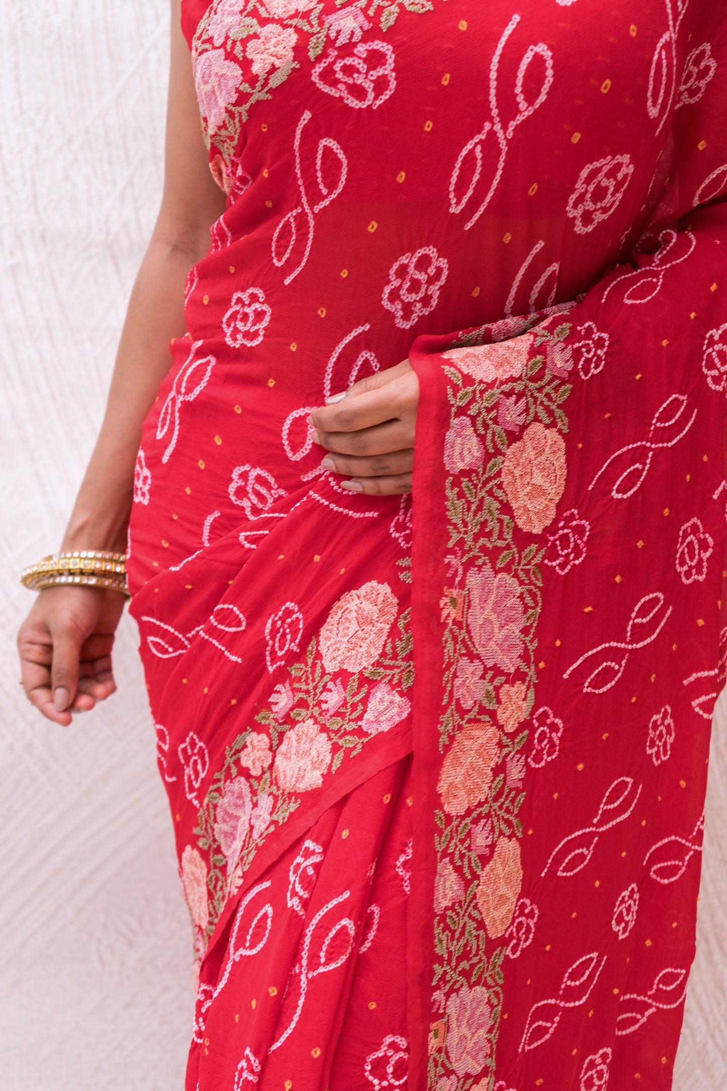 Georgette Embroidered Red Bandhej Saree