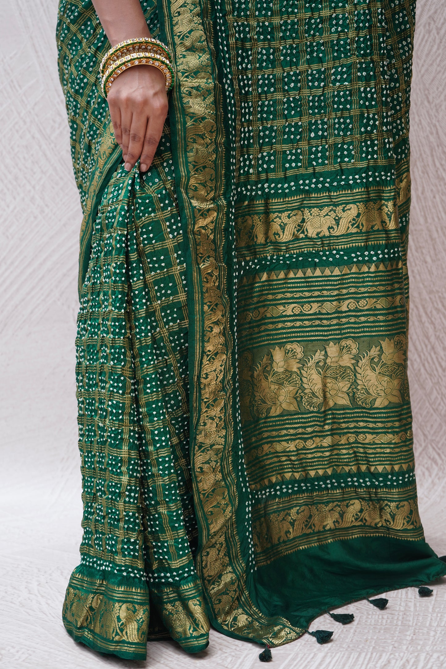 Kanjivaram Silk Checks Green Bandhej Saree