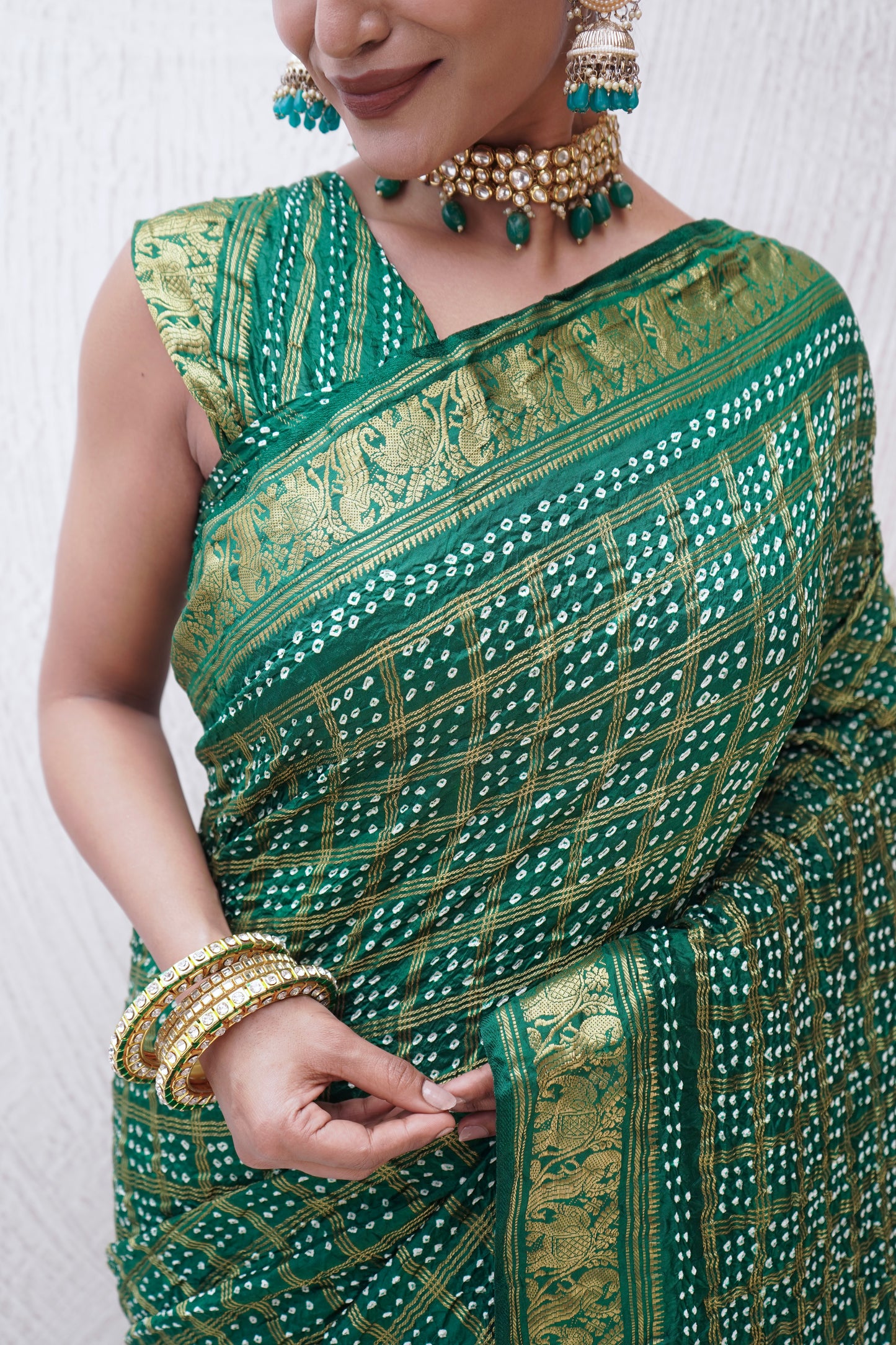 Kanjivaram Silk Checks Green Bandhej Saree