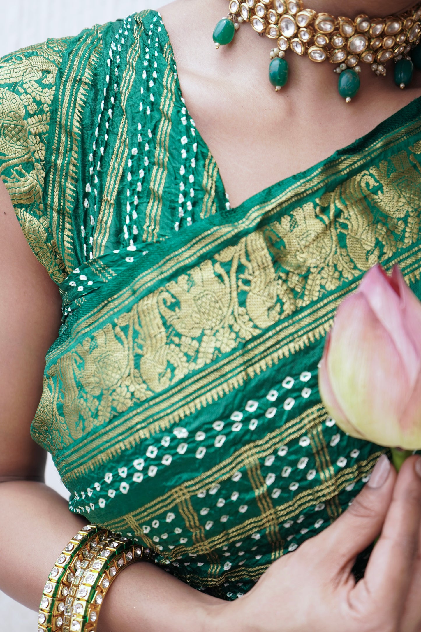 Kanjivaram Silk Checks Green Bandhej Saree