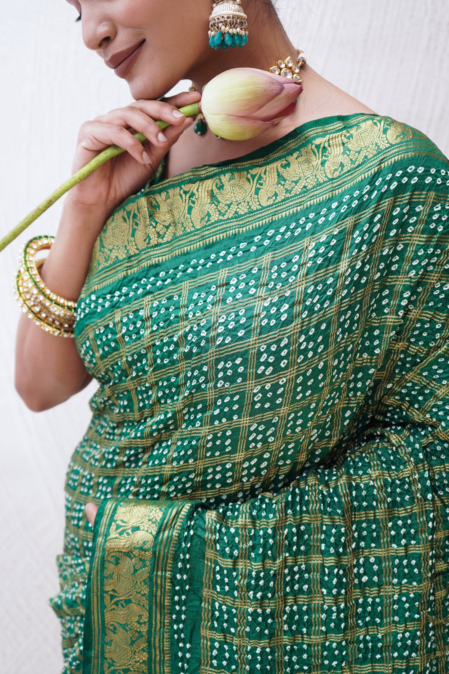 Kanjivaram Silk Checks Green Bandhej Saree
