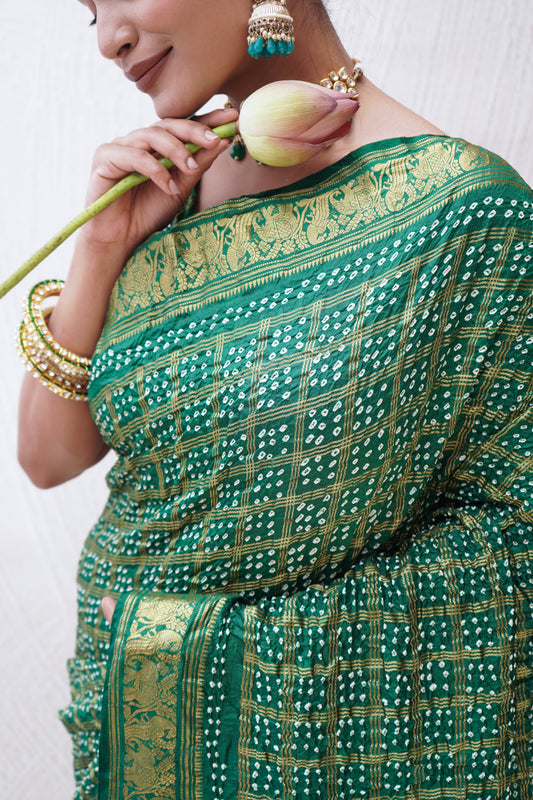 Kanjivaram Silk Checks Green Bandhej Saree