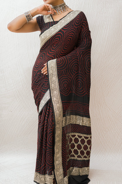 Georgette Red Rai Dana Black Bandhej Saree