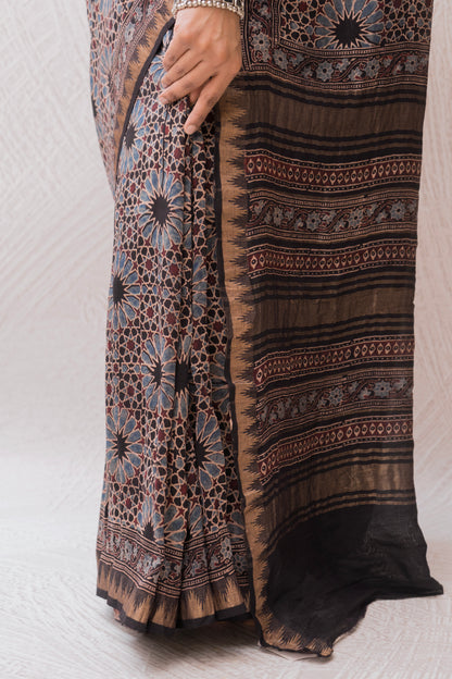 Chanderi Ajrakh Print Black Saree