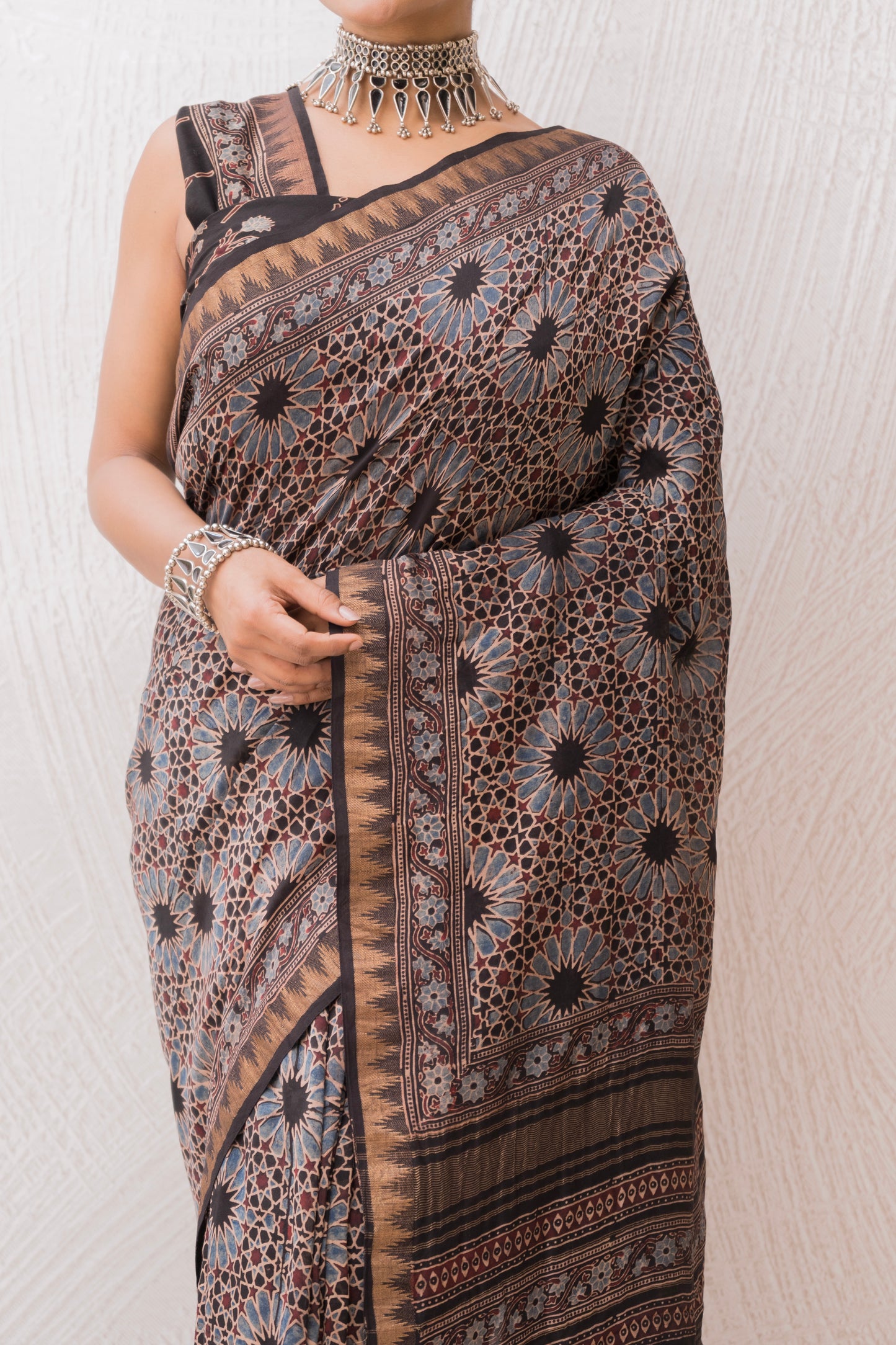 Chanderi Ajrakh Print Black Saree