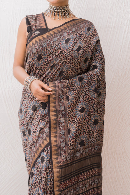 Chanderi Ajrakh Print Black Saree