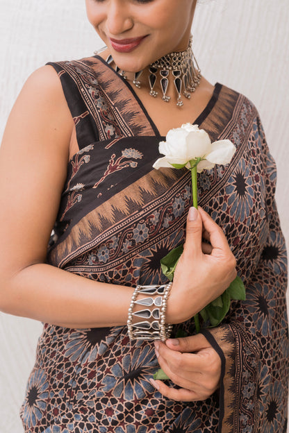 Chanderi Ajrakh Print Black Saree