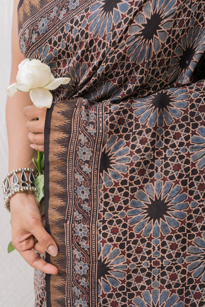 Chanderi Ajrakh Print Black Saree
