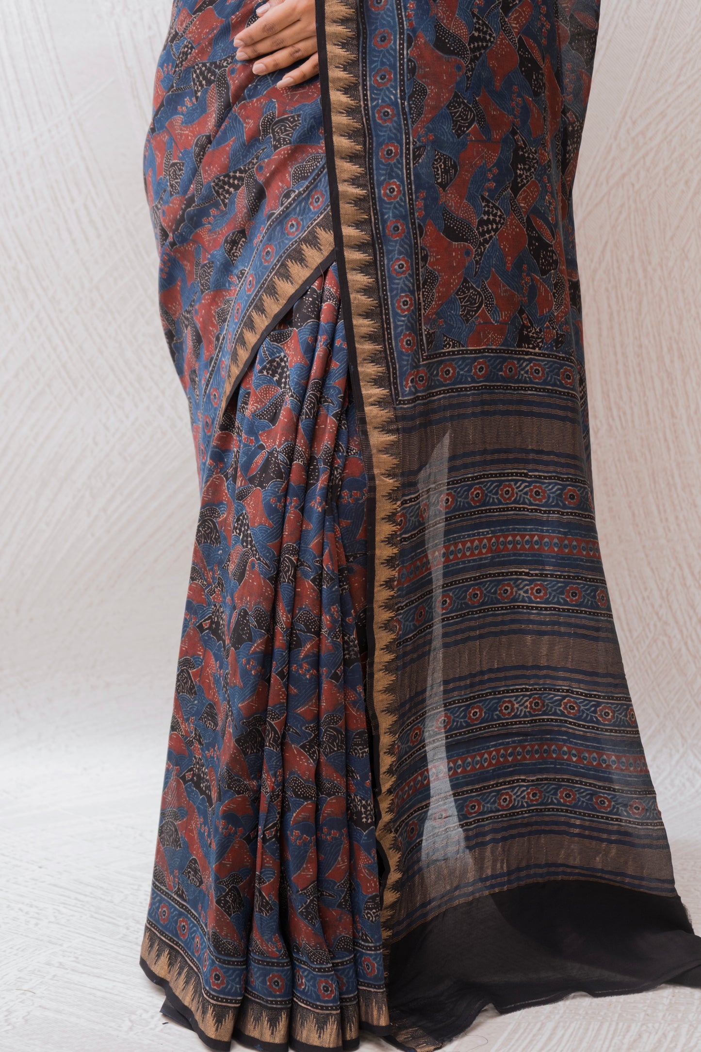 Chanderi Ajrakh Print Indigo Saree