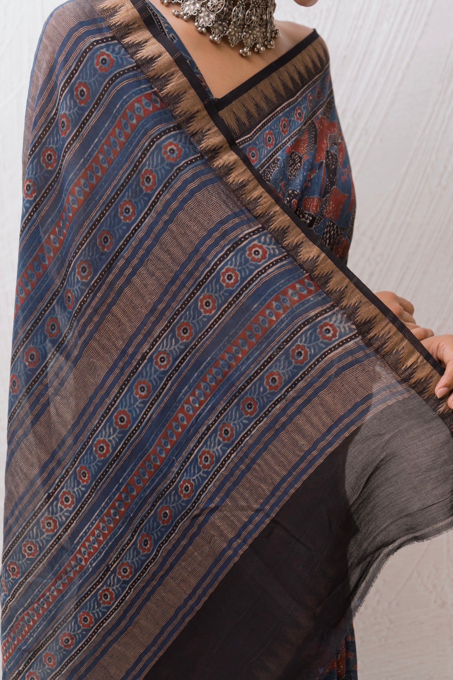 Chanderi Ajrakh Print Indigo Saree