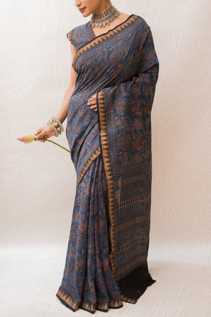 Chanderi Ajrakh Print Indigo Saree