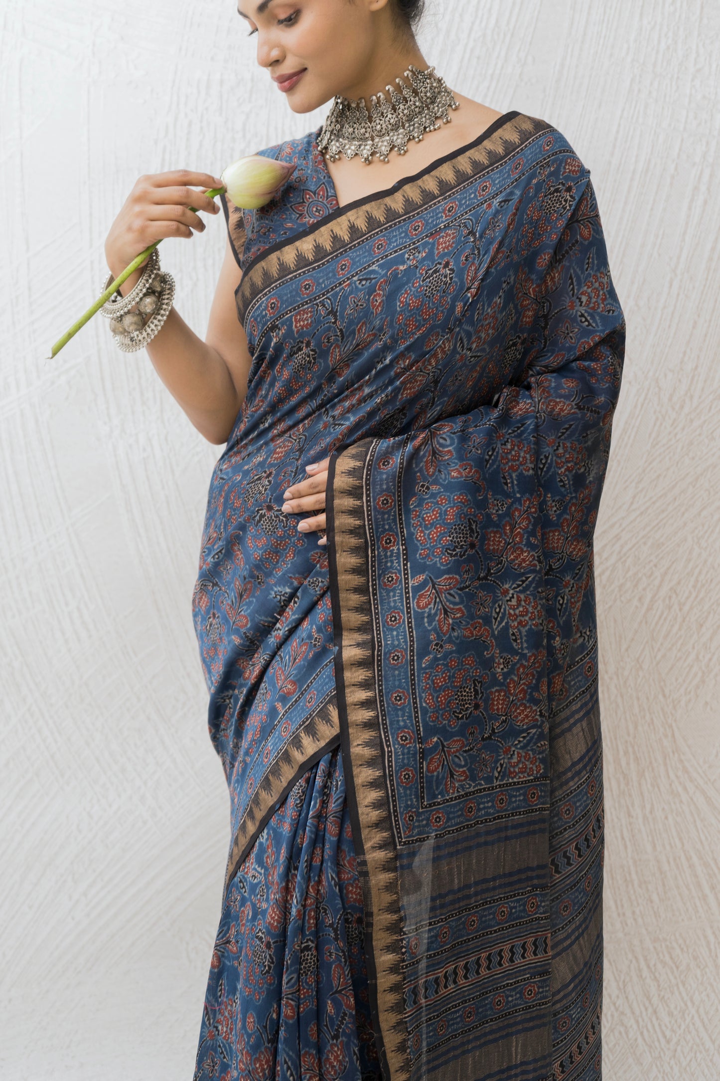 Chanderi Ajrakh Print Indigo Saree