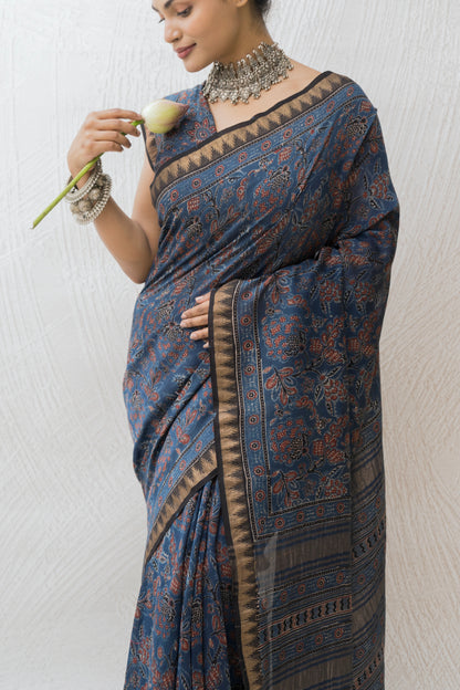 Chanderi Ajrakh Print Indigo Saree