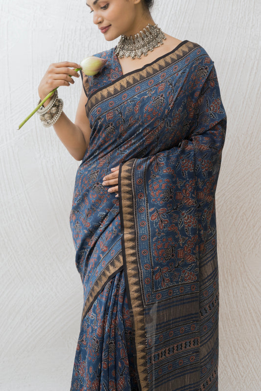 Chanderi Ajrakh Print Indigo Saree