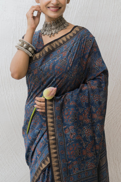 Chanderi Ajrakh Print Indigo Saree