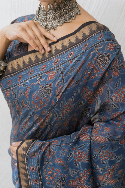 Chanderi Ajrakh Print Indigo Saree