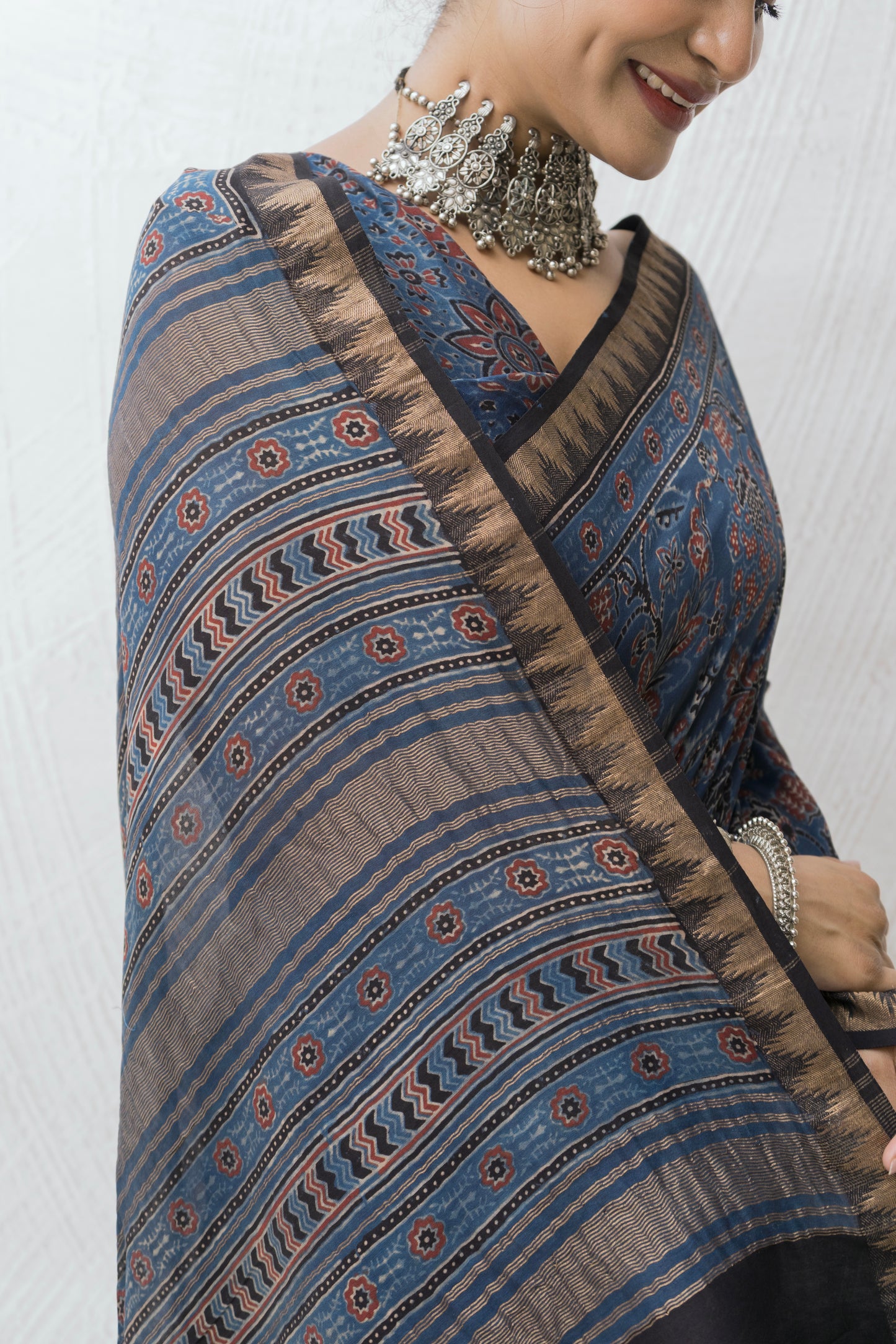 Chanderi Ajrakh Print Indigo Saree