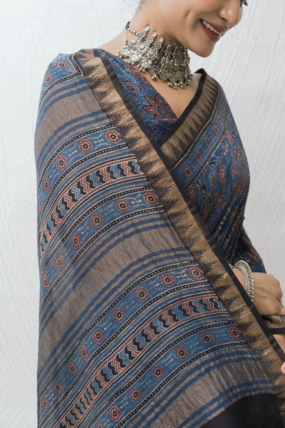 Chanderi Ajrakh Print Indigo Saree