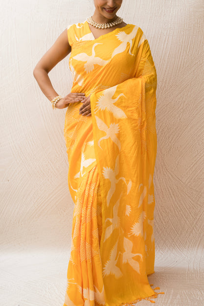 Katan Swan Parsi Mango Yellow Bandhej Saree