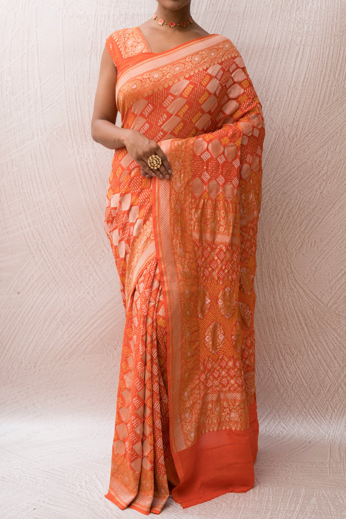 Georgette Sona Rupa Orange Bandhej Saree
