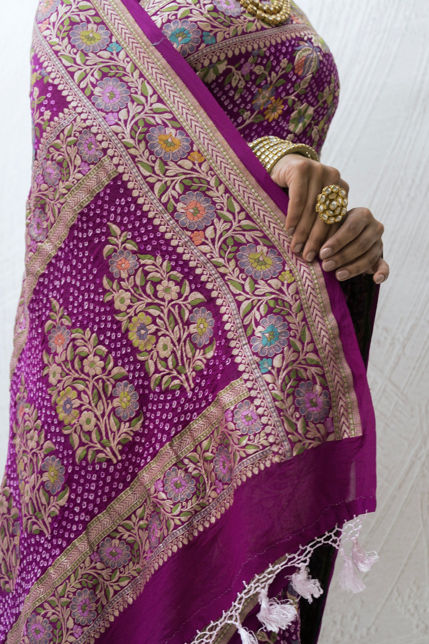 Georgette Floral Jaal Meenakari Bandhej Purple Saree