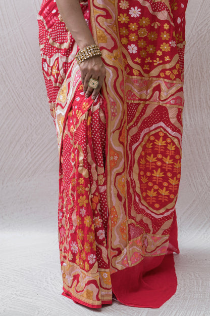 Modern Weaving Meenakari Red Bandhej Saree