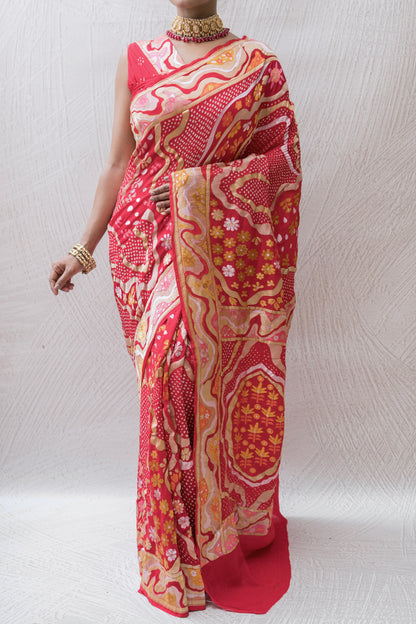 Modern Weaving Meenakari Red Bandhej Saree