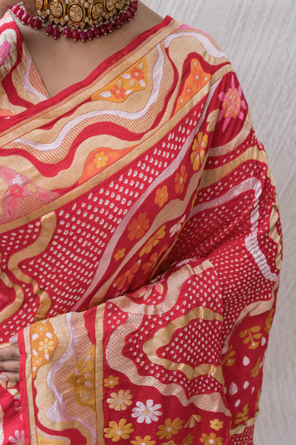 Modern Weaving Meenakari Red Bandhej Saree