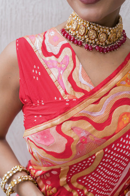 Modern Weaving Meenakari Red Bandhej Saree
