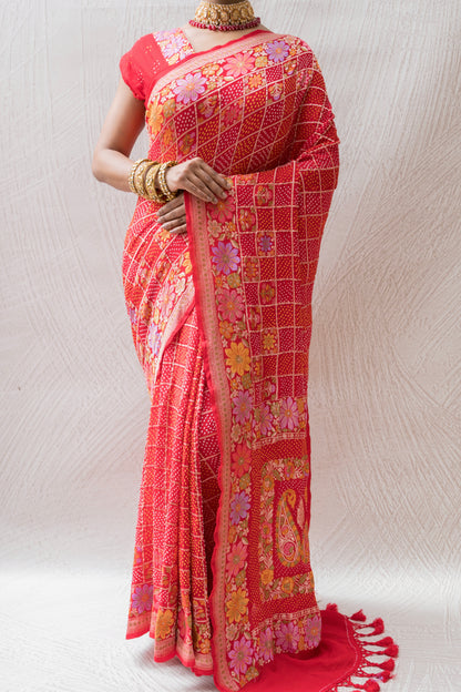 Georgette Checks Floral Jaal Red Bandhej Saree