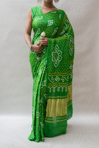 Gajji Rai Dana Parrot Green Bandhej Saree