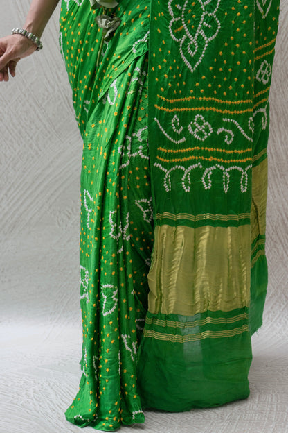 Gajji Rai Dana Parrot Green Bandhej Saree
