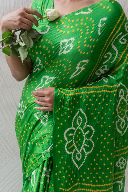 Gajji Rai Dana Parrot Green Bandhej Saree
