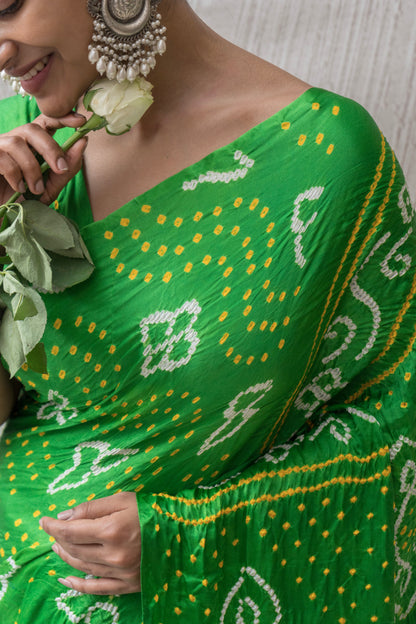 Gajji Rai Dana Parrot Green Bandhej Saree