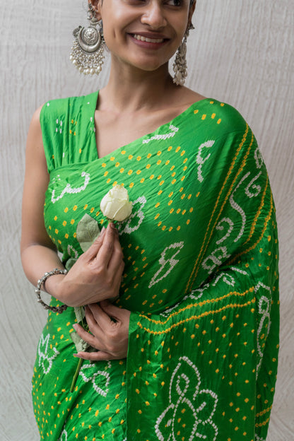 Gajji Rai Dana Parrot Green Bandhej Saree