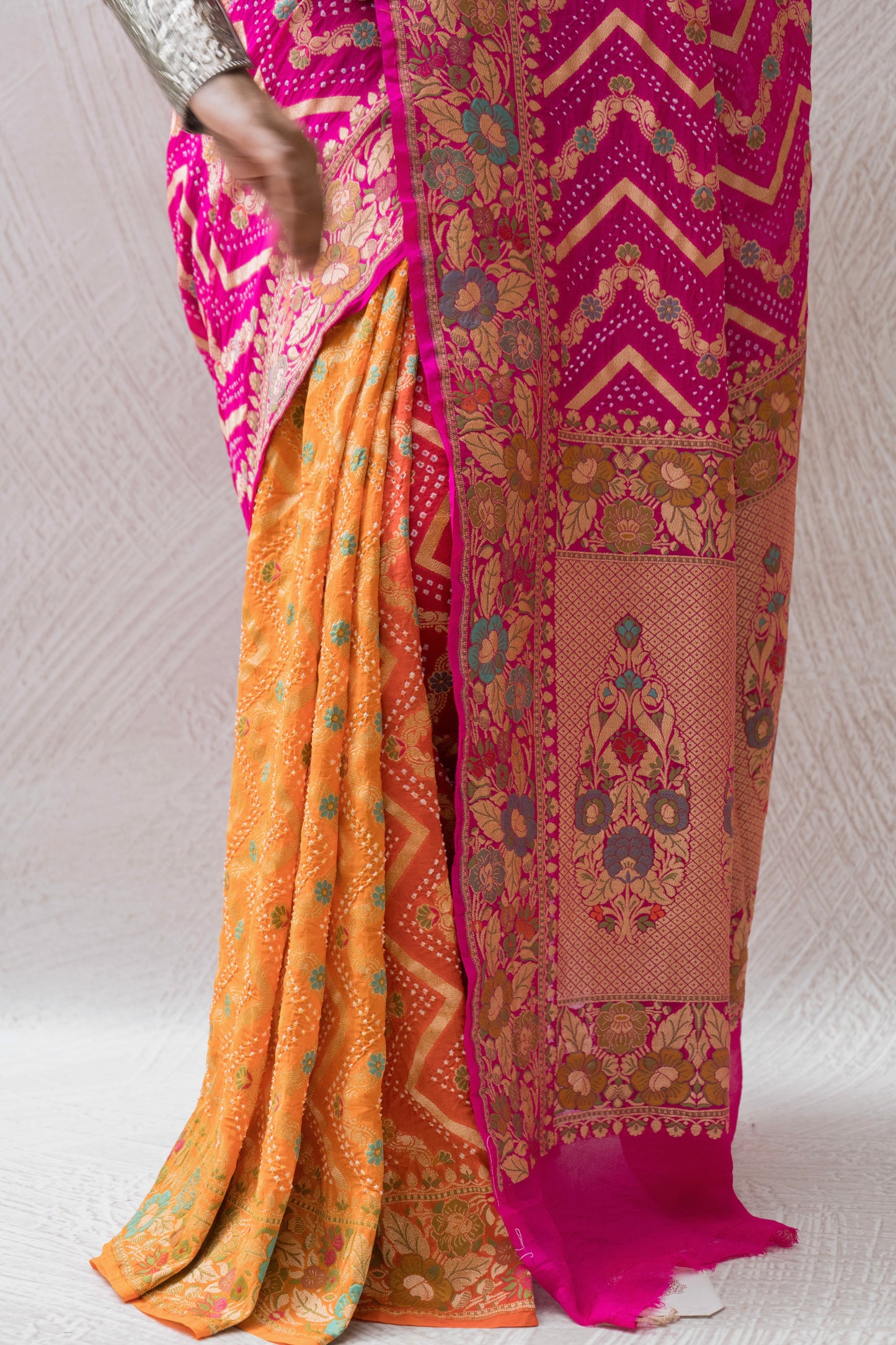 Georgette Neemzari Tilfi Zig-zag Yellow-Orange-Pink Bandhej Saree