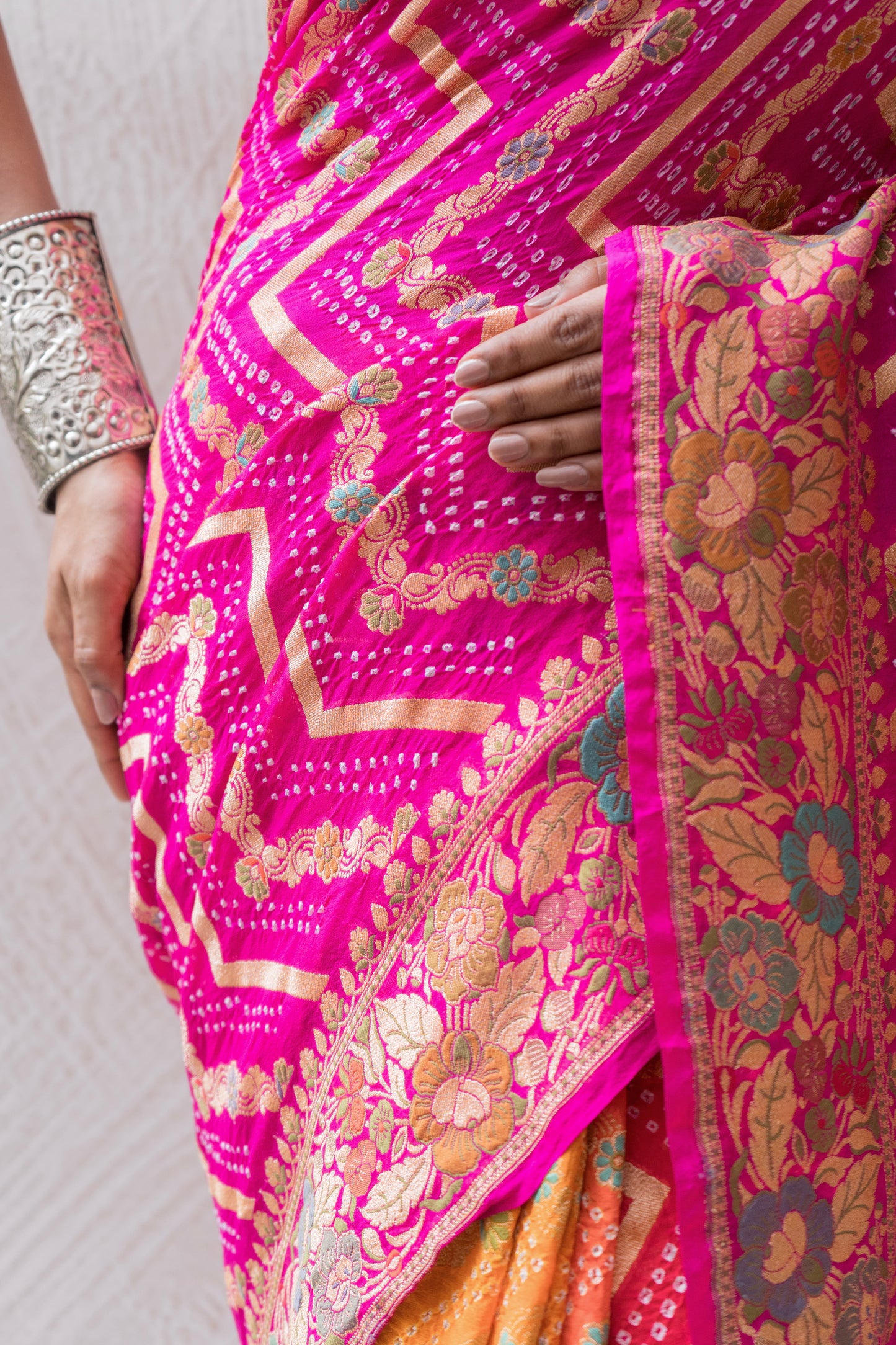 Georgette Neemzari Tilfi Zig-zag Yellow-Orange-Pink Bandhej Saree