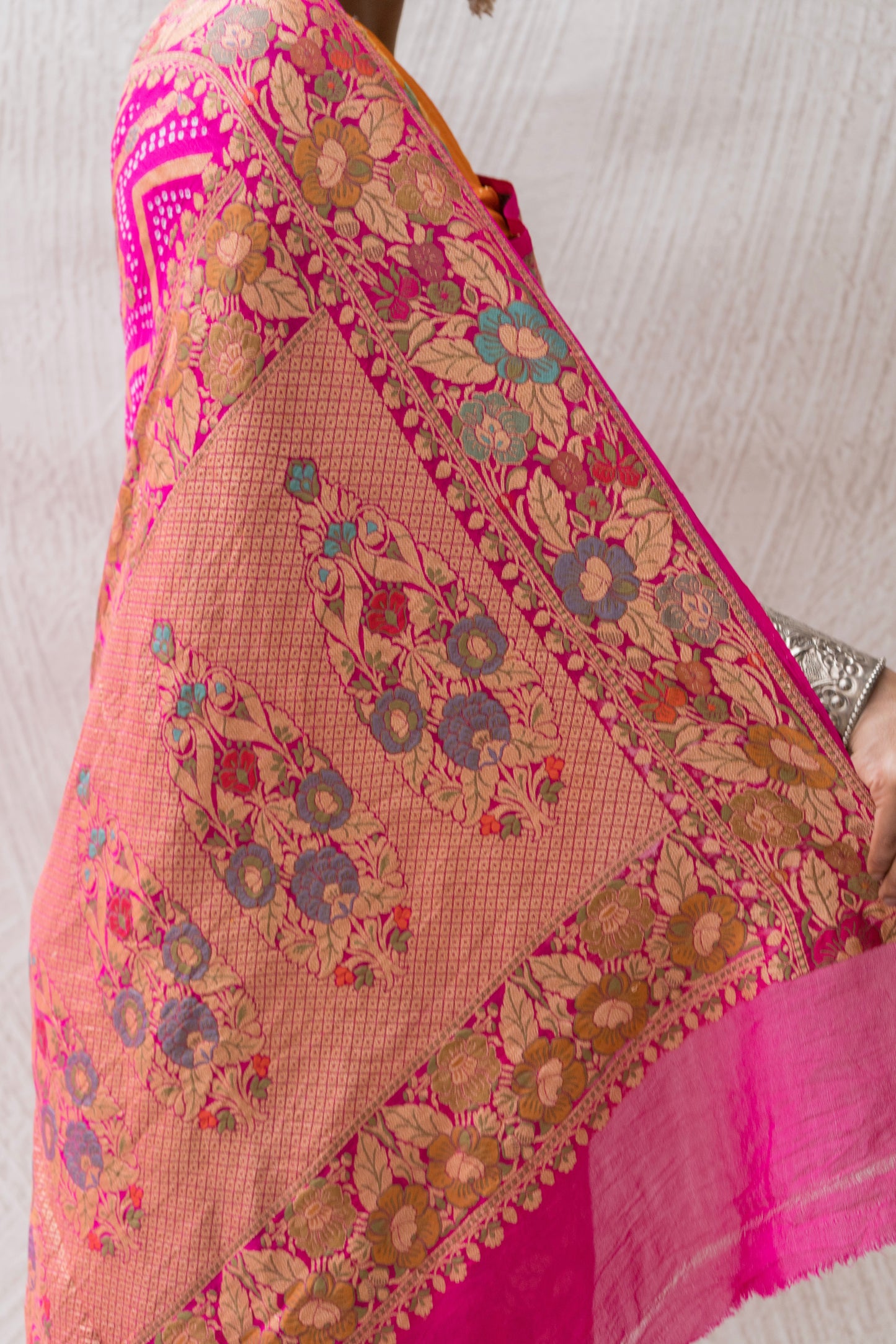 Georgette Neemzari Tilfi Zig-zag Yellow-Orange-Pink Bandhej Saree