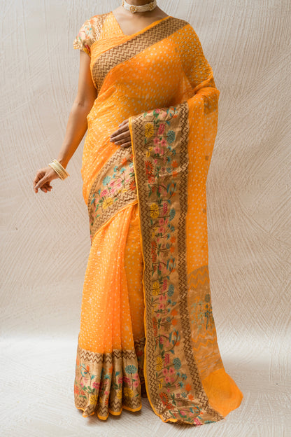Kota Doria Booti Paithani Meenakari Yellow Bandhej Saree